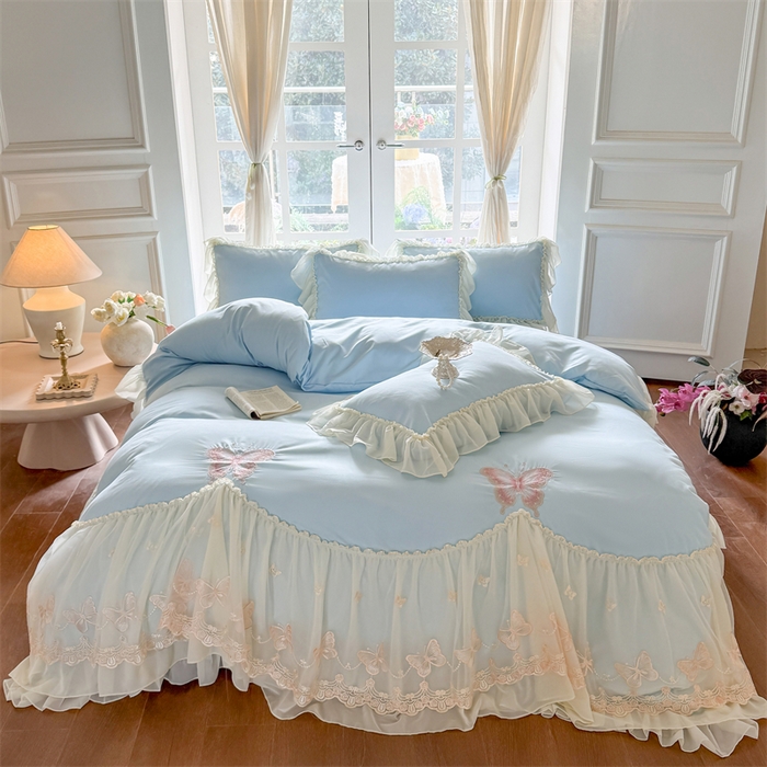 富盛家纺 2026新款水洗亲肤棉雪纺蕾丝刺绣公主风韩版四件套-迷迭香 迷迭香—蓝