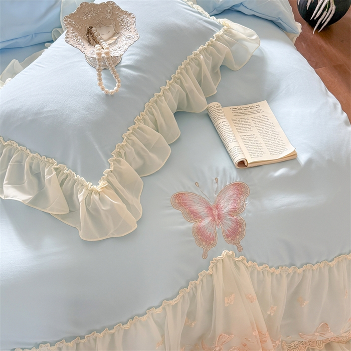 91家纺网 家纺一手货源 找家纺 富盛家纺 2026新款水洗亲肤棉雪纺蕾丝刺绣公主风韩版四件套-迷迭香 迷迭香—蓝