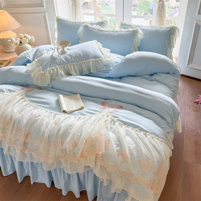 91家纺网 家纺一手货源 找家纺 富盛家纺 2026新款水洗亲肤棉雪纺蕾丝刺绣公主风韩版四件套-迷迭香 迷迭香—蓝