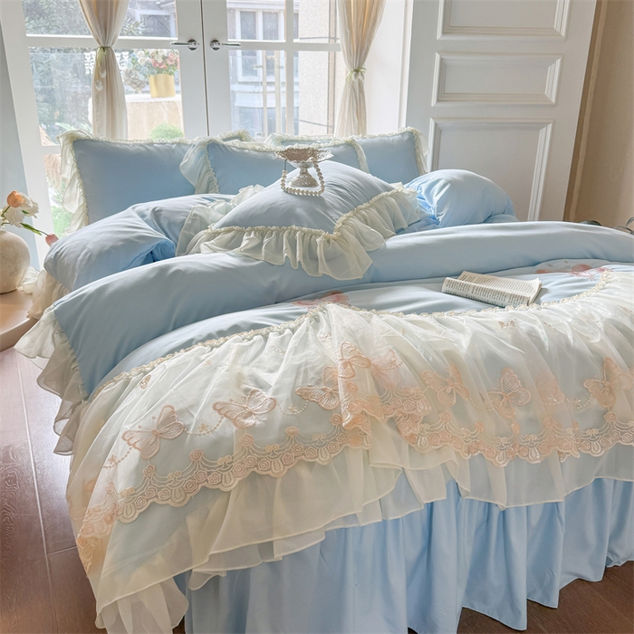 91家纺网 家纺一手货源 找家纺 富盛家纺 2026新款水洗亲肤棉雪纺蕾丝刺绣公主风韩版四件套-迷迭香 迷迭香—蓝