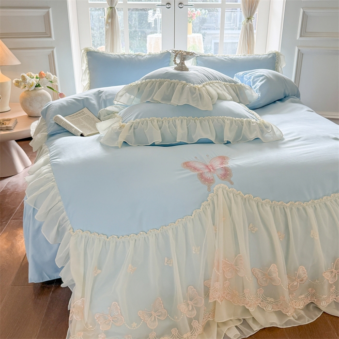 91家纺网 家纺一手货源 找家纺 富盛家纺 2026新款水洗亲肤棉雪纺蕾丝刺绣公主风韩版四件套-迷迭香 迷迭香—蓝