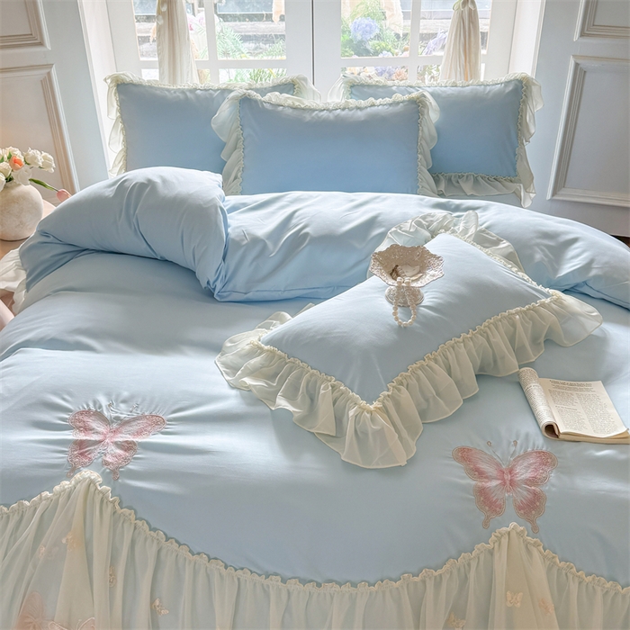 91家纺网 家纺一手货源 找家纺 富盛家纺 2026新款水洗亲肤棉雪纺蕾丝刺绣公主风韩版四件套-迷迭香 迷迭香—蓝