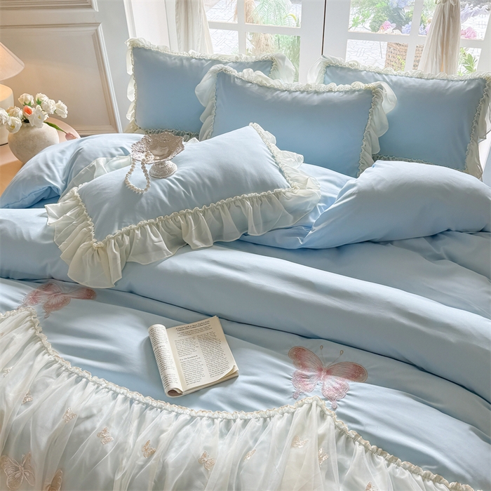 91家纺网 家纺一手货源 找家纺 富盛家纺 2026新款水洗亲肤棉雪纺蕾丝刺绣公主风韩版四件套-迷迭香 迷迭香—蓝