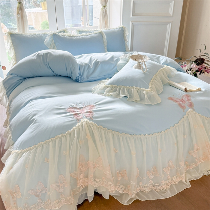 91家纺网 家纺一手货源 找家纺 富盛家纺 2026新款水洗亲肤棉雪纺蕾丝刺绣公主风韩版四件套-迷迭香 迷迭香—蓝