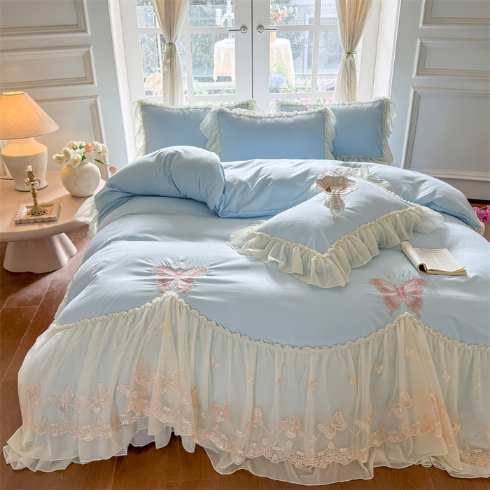 91家纺网 家纺一手货源 找家纺 富盛家纺 2026新款水洗亲肤棉雪纺蕾丝刺绣公主风韩版四件套-迷迭香 迷迭香—蓝