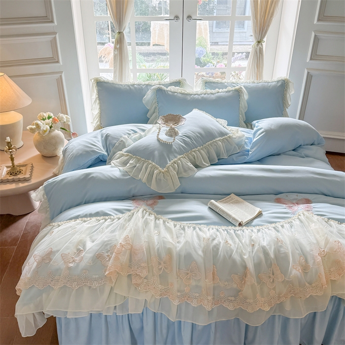 91家纺网 家纺一手货源 找家纺 富盛家纺 2026新款水洗亲肤棉雪纺蕾丝刺绣公主风韩版四件套-迷迭香 迷迭香—蓝