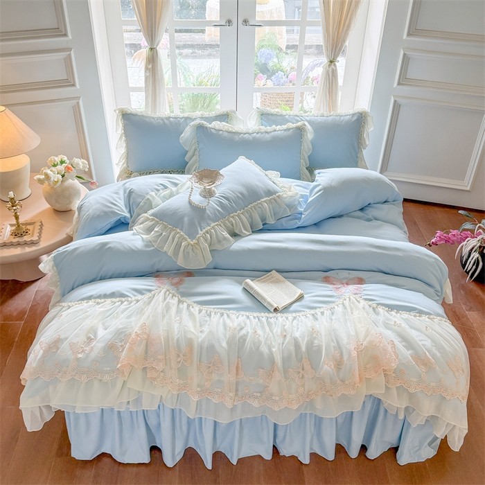 91家纺网 家纺一手货源 找家纺 富盛家纺 2026新款水洗亲肤棉雪纺蕾丝刺绣公主风韩版四件套-迷迭香 迷迭香—蓝