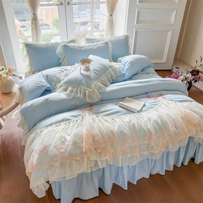 91家纺网 家纺一手货源 找家纺 富盛家纺 2026新款水洗亲肤棉雪纺蕾丝刺绣公主风韩版四件套-迷迭香 迷迭香—蓝