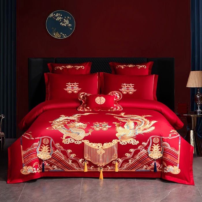 91家纺网 家纺一手货源 找家纺 （总）慕她家纺 2026年磨毛亲肤棉婚庆四件套大红色刺绣结床上用品