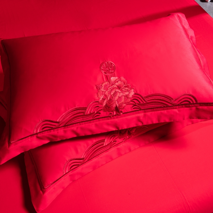91家纺网 家纺一手货源 找家纺 慕她家纺 2026年磨毛亲肤棉婚庆四件套大红色刺绣结床上用品 国色牡丹