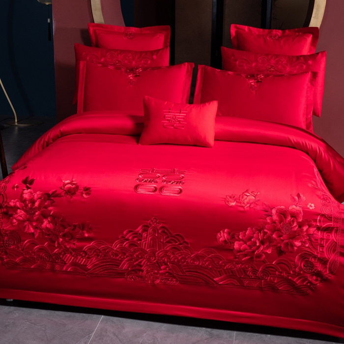 91家纺网 家纺一手货源 找家纺 慕她家纺 2026年磨毛亲肤棉婚庆四件套大红色刺绣结床上用品 国色牡丹