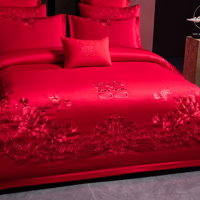 91家纺网 家纺一手货源 找家纺 慕她家纺 2026年磨毛亲肤棉婚庆四件套大红色刺绣结床上用品 国色牡丹