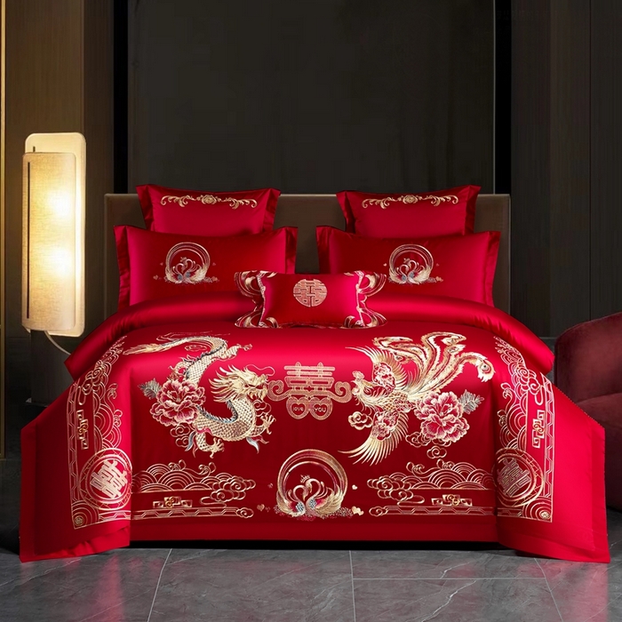 慕她家纺 2026年磨毛亲肤棉婚庆四件套大红色刺绣结床上用品 恩爱龙凤