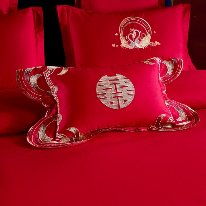 91家纺网 家纺一手货源 找家纺 慕她家纺 2026年磨毛亲肤棉婚庆四件套大红色刺绣结床上用品 恩爱龙凤