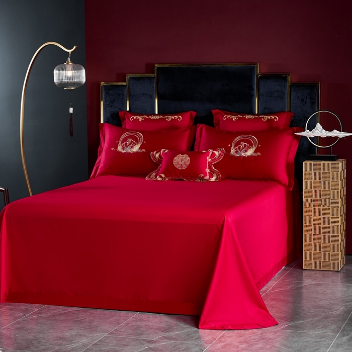 91家纺网 家纺一手货源 找家纺 慕她家纺 2026年磨毛亲肤棉婚庆四件套大红色刺绣结床上用品 恩爱龙凤