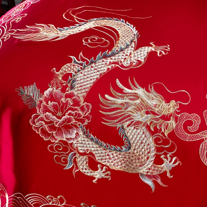 91家纺网 家纺一手货源 找家纺 慕她家纺 2026年磨毛亲肤棉婚庆四件套大红色刺绣结床上用品 恩爱龙凤