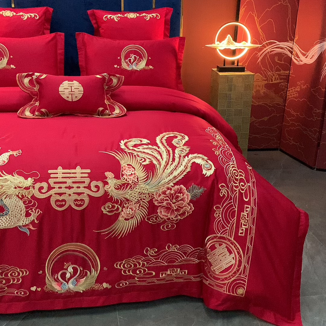 91家纺网 家纺一手货源 找家纺 慕她家纺 2026年磨毛亲肤棉婚庆四件套大红色刺绣结床上用品 恩爱龙凤