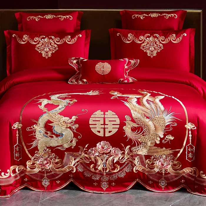 91家纺网 家纺一手货源 找家纺 慕她家纺 2026年磨毛亲肤棉婚庆四件套大红色刺绣结床上用品 吉祥如意