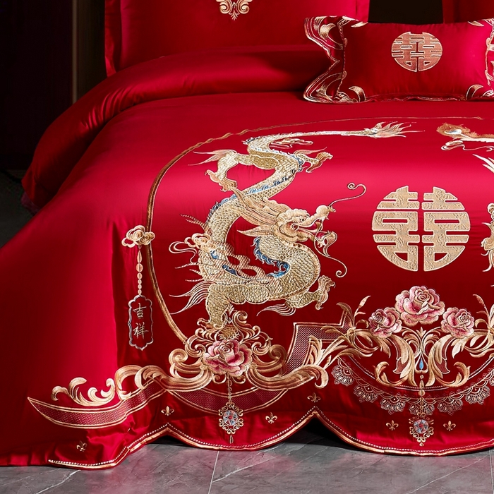 91家纺网 家纺一手货源 找家纺 慕她家纺 2026年磨毛亲肤棉婚庆四件套大红色刺绣结床上用品 吉祥如意