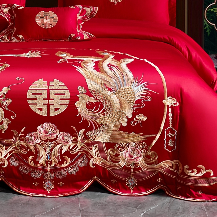 91家纺网 家纺一手货源 找家纺 慕她家纺 2026年磨毛亲肤棉婚庆四件套大红色刺绣结床上用品 吉祥如意