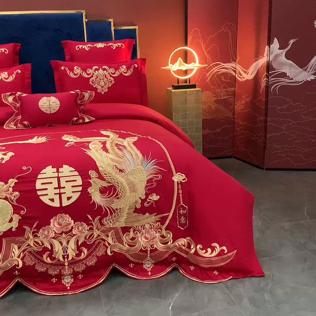 91家纺网 家纺一手货源 找家纺 慕她家纺 2026年磨毛亲肤棉婚庆四件套大红色刺绣结床上用品 吉祥如意