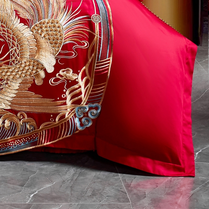 91家纺网 家纺一手货源 找家纺 慕她家纺 2026年磨毛亲肤棉婚庆四件套大红色刺绣结床上用品 龙凤喝彩