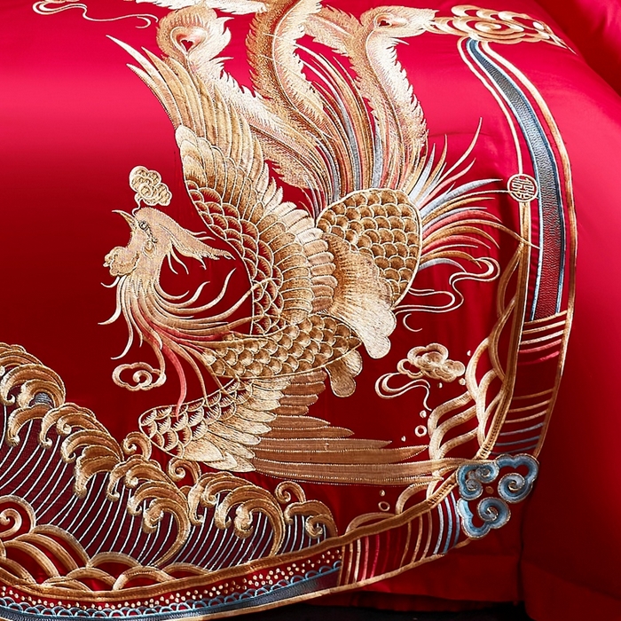 91家纺网 家纺一手货源 找家纺 慕她家纺 2026年磨毛亲肤棉婚庆四件套大红色刺绣结床上用品 龙凤喝彩