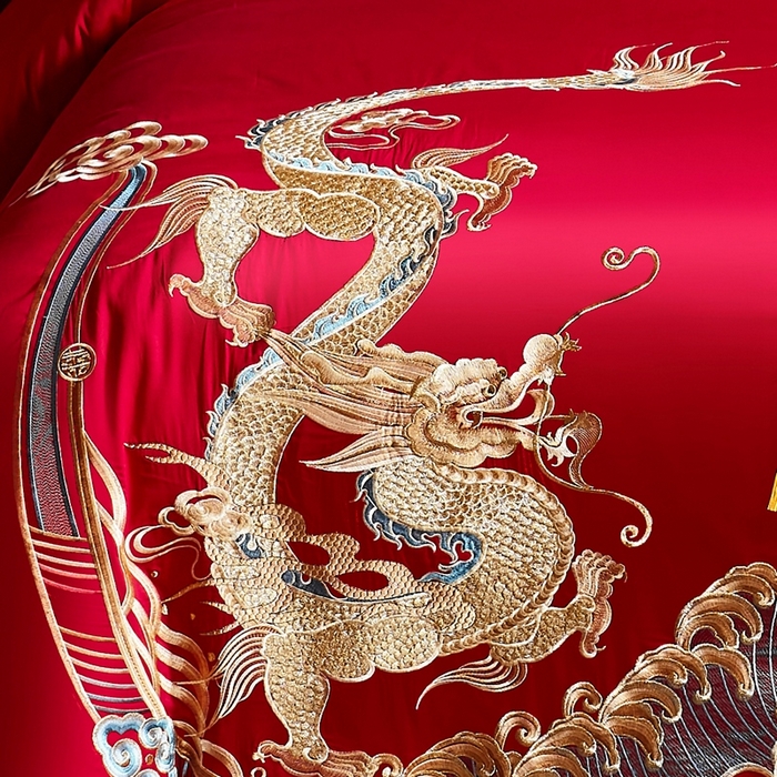 91家纺网 家纺一手货源 找家纺 慕她家纺 2026年磨毛亲肤棉婚庆四件套大红色刺绣结床上用品 龙凤喝彩