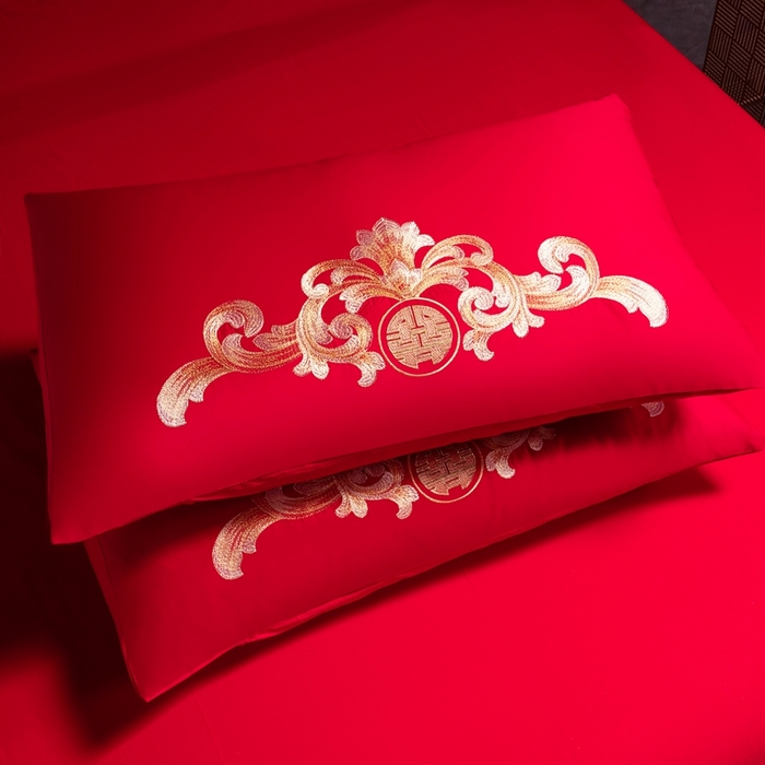 91家纺网 家纺一手货源 找家纺 慕她家纺 2026年磨毛亲肤棉婚庆四件套大红色刺绣结床上用品 龙凤喝彩