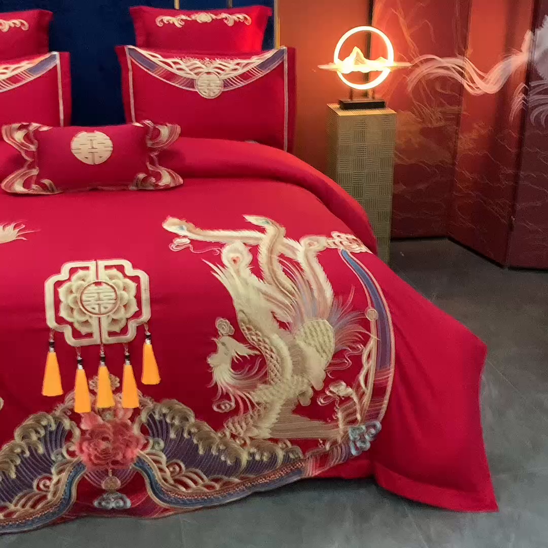 91家纺网 家纺一手货源 找家纺 慕她家纺 2026年磨毛亲肤棉婚庆四件套大红色刺绣结床上用品 龙凤喝彩