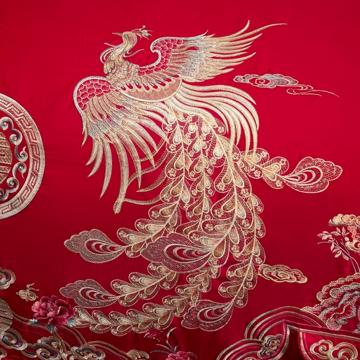 91家纺网 家纺一手货源 找家纺 慕她家纺 2026年磨毛亲肤棉婚庆四件套大红色刺绣结床上用品 龙凤欢腾