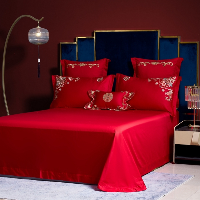 91家纺网 家纺一手货源 找家纺 慕她家纺 2026年磨毛亲肤棉婚庆四件套大红色刺绣结床上用品 龙凤欢腾