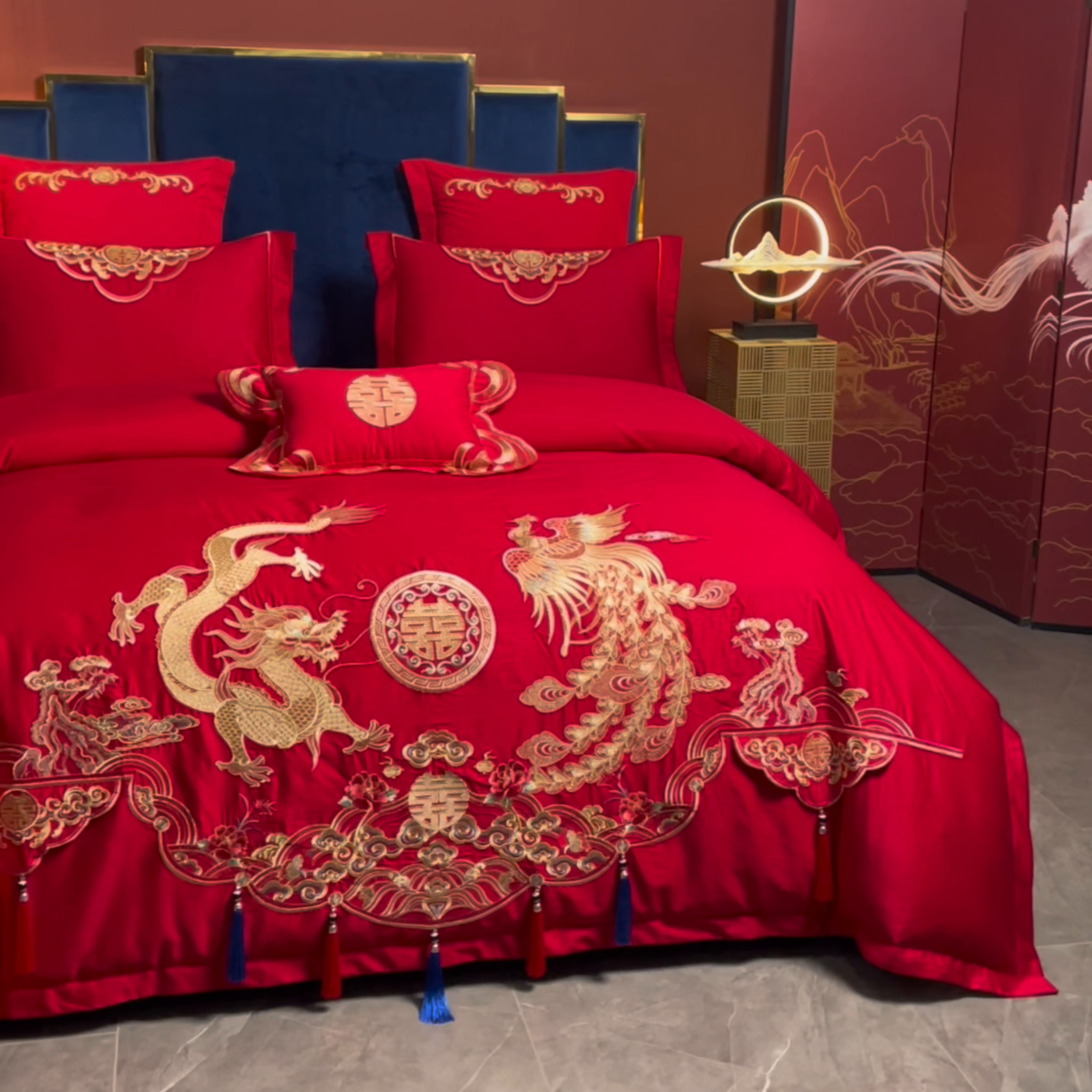 91家纺网 家纺一手货源 找家纺 慕她家纺 2026年磨毛亲肤棉婚庆四件套大红色刺绣结床上用品 龙凤欢腾