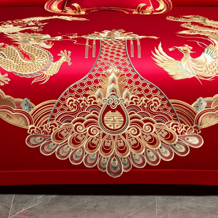 91家纺网 家纺一手货源 找家纺 慕她家纺 2026年磨毛亲肤棉婚庆四件套大红色刺绣结床上用品 秦晋龙凤