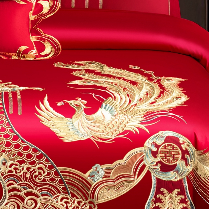 91家纺网 家纺一手货源 找家纺 慕她家纺 2026年磨毛亲肤棉婚庆四件套大红色刺绣结床上用品 秦晋龙凤