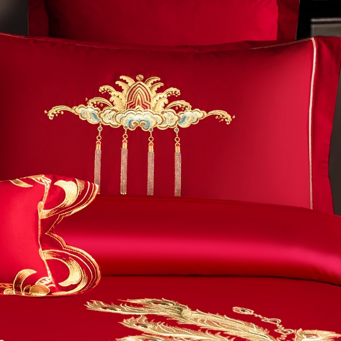91家纺网 家纺一手货源 找家纺 慕她家纺 2026年磨毛亲肤棉婚庆四件套大红色刺绣结床上用品 秦晋龙凤