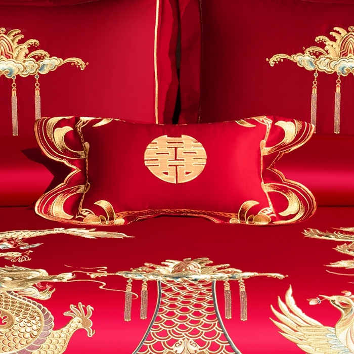 91家纺网 家纺一手货源 找家纺 慕她家纺 2026年磨毛亲肤棉婚庆四件套大红色刺绣结床上用品 秦晋龙凤