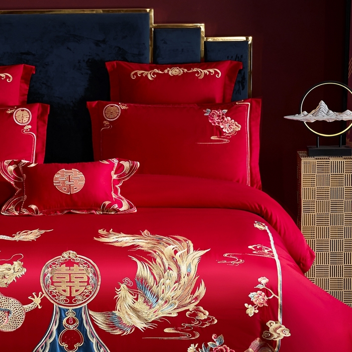 91家纺网 家纺一手货源 找家纺 慕她家纺 2026年磨毛亲肤棉婚庆四件套大红色刺绣结床上用品 喜韵龙凤