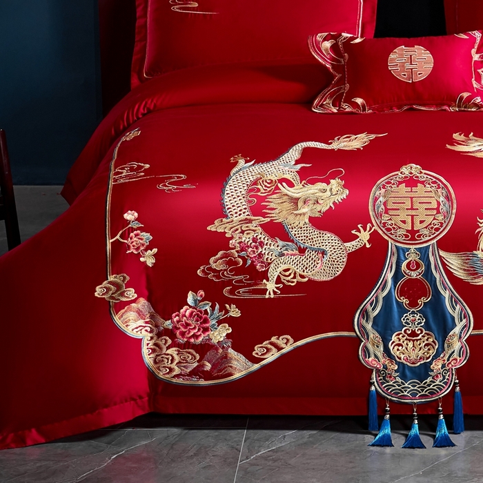 91家纺网 家纺一手货源 找家纺 慕她家纺 2026年磨毛亲肤棉婚庆四件套大红色刺绣结床上用品 喜韵龙凤