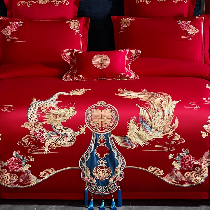 91家纺网 家纺一手货源 找家纺 慕她家纺 2026年磨毛亲肤棉婚庆四件套大红色刺绣结床上用品 喜韵龙凤
