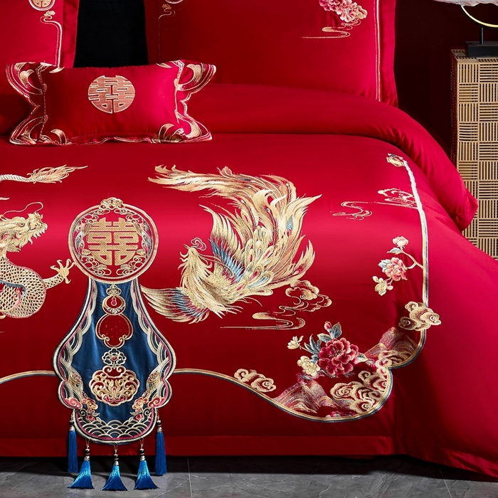 91家纺网 家纺一手货源 找家纺 慕她家纺 2026年磨毛亲肤棉婚庆四件套大红色刺绣结床上用品 喜韵龙凤