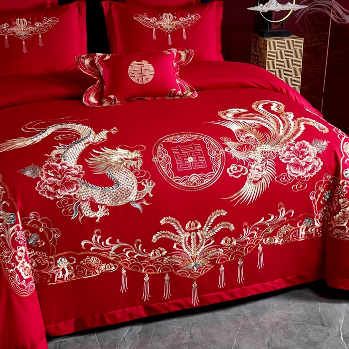91家纺网 家纺一手货源 找家纺 慕她家纺 2026年磨毛亲肤棉婚庆四件套大红色刺绣结床上用品 幸福龙凤