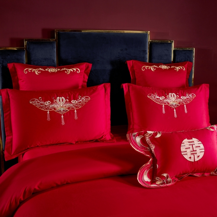 91家纺网 家纺一手货源 找家纺 慕她家纺 2026年磨毛亲肤棉婚庆四件套大红色刺绣结床上用品 幸福龙凤