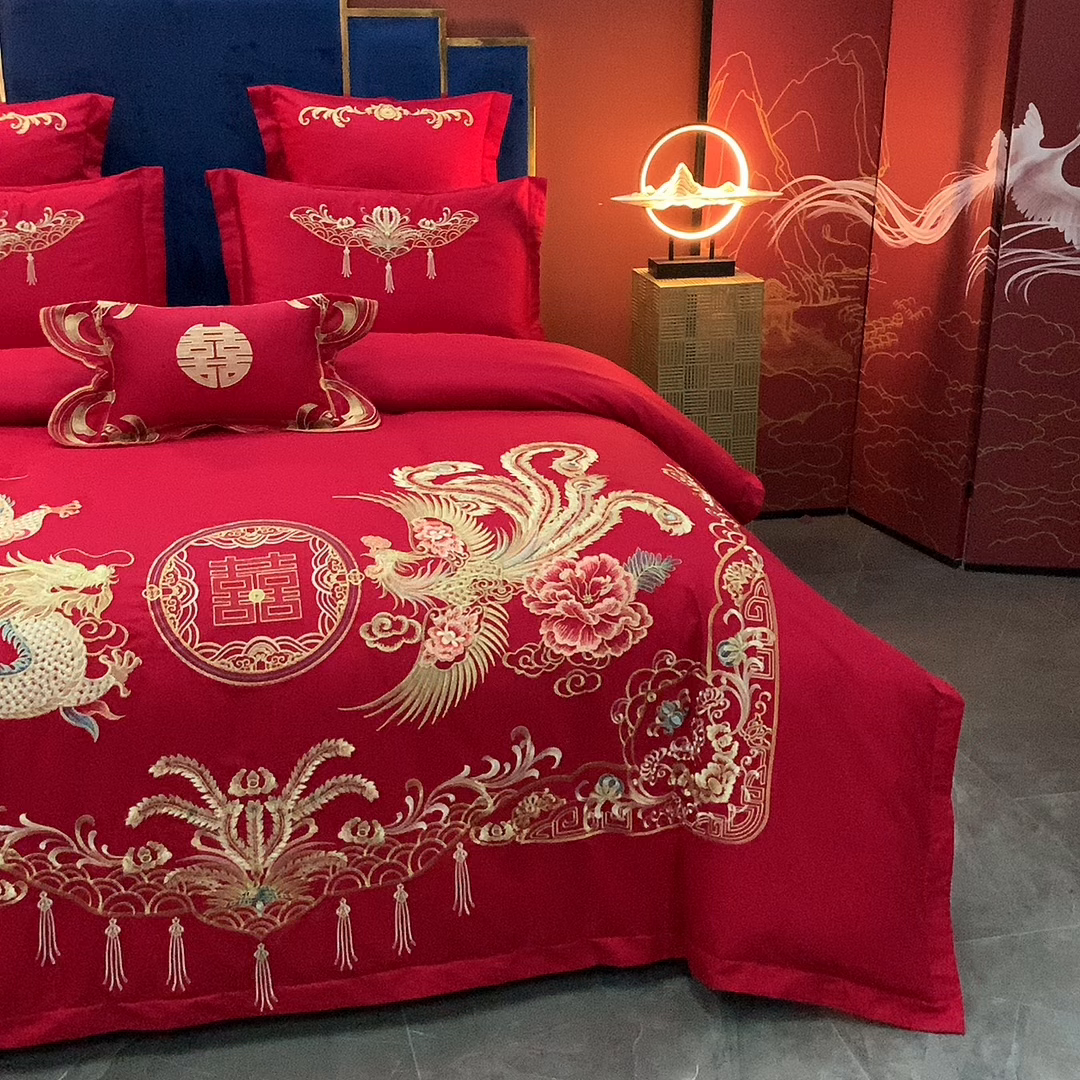 91家纺网 家纺一手货源 找家纺 慕她家纺 2026年磨毛亲肤棉婚庆四件套大红色刺绣结床上用品 幸福龙凤