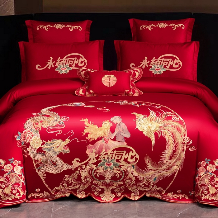 91家纺网 家纺一手货源 找家纺 慕她家纺 2026年磨毛亲肤棉婚庆四件套大红色刺绣结床上用品 幸福永驻
