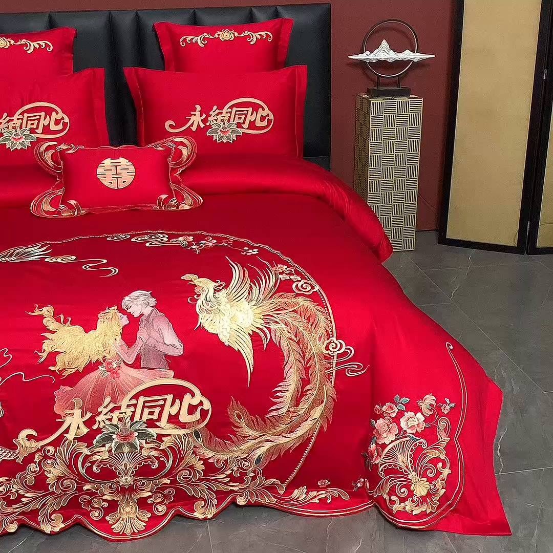 91家纺网 家纺一手货源 找家纺 慕她家纺 2026年磨毛亲肤棉婚庆四件套大红色刺绣结床上用品 幸福永驻