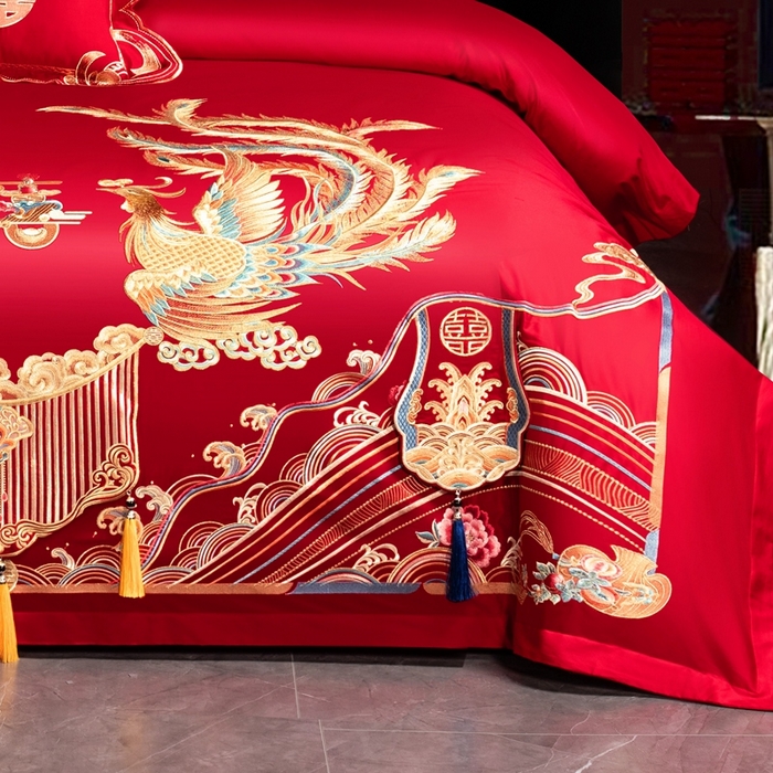 91家纺网 家纺一手货源 找家纺 慕她家纺 2026年磨毛亲肤棉婚庆四件套大红色刺绣结床上用品 雅韵龙凤