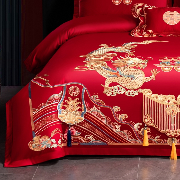 91家纺网 家纺一手货源 找家纺 慕她家纺 2026年磨毛亲肤棉婚庆四件套大红色刺绣结床上用品 雅韵龙凤