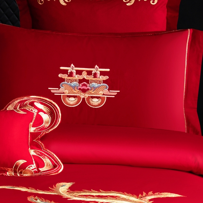 91家纺网 家纺一手货源 找家纺 慕她家纺 2026年磨毛亲肤棉婚庆四件套大红色刺绣结床上用品 雅韵龙凤
