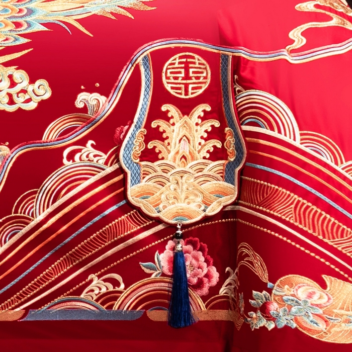 91家纺网 家纺一手货源 找家纺 慕她家纺 2026年磨毛亲肤棉婚庆四件套大红色刺绣结床上用品 雅韵龙凤